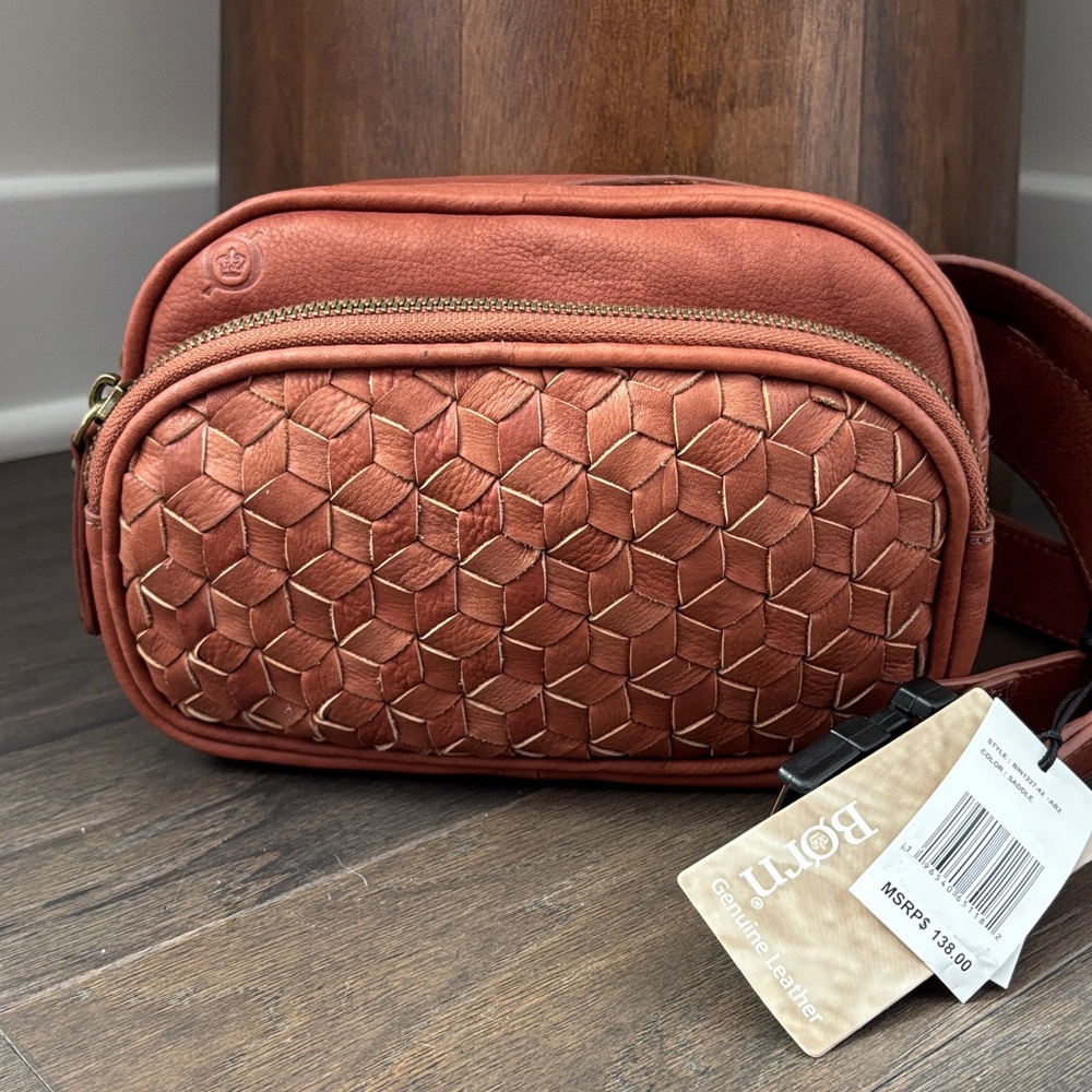 BORN Millport Woven Genuine Leather Crossbody/Belt Bag,2 zip top,inside zip - Picture 2 of 14